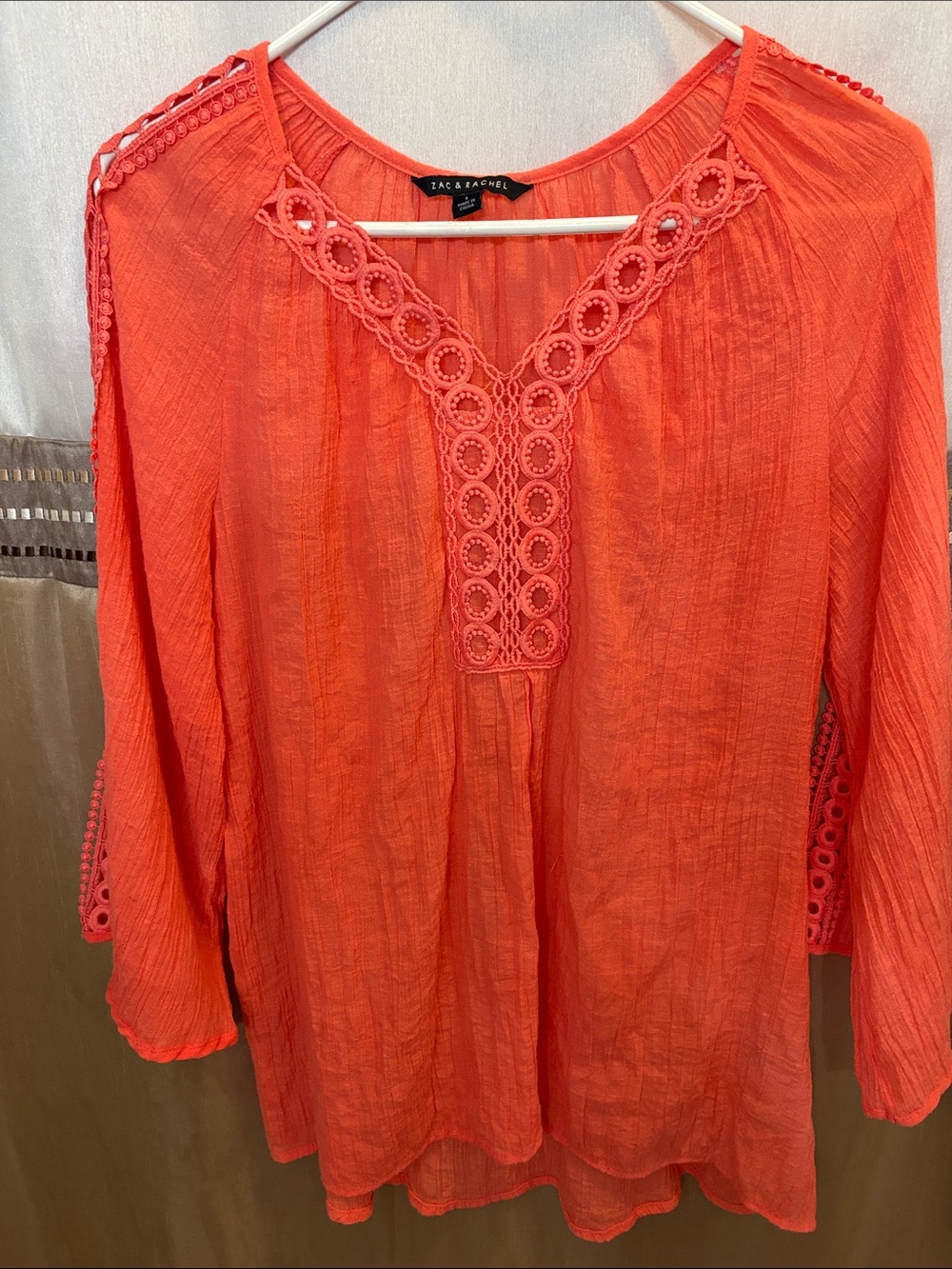 Zac & Rachel Bright Coral Crochet-Trim Peasant Tunic